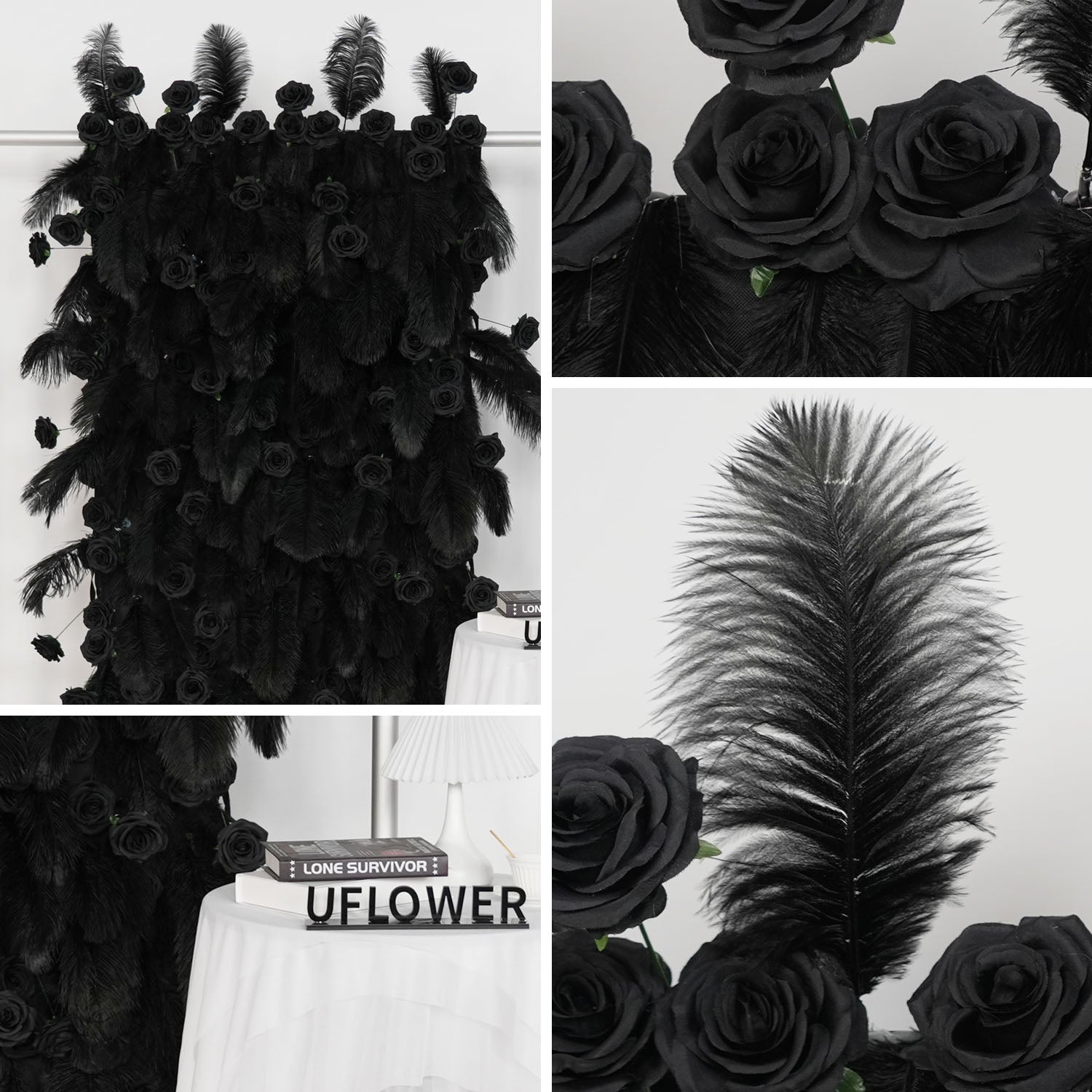 Uflower Artificial Black 5D Flower Wall Wedding Backdrop Decoration